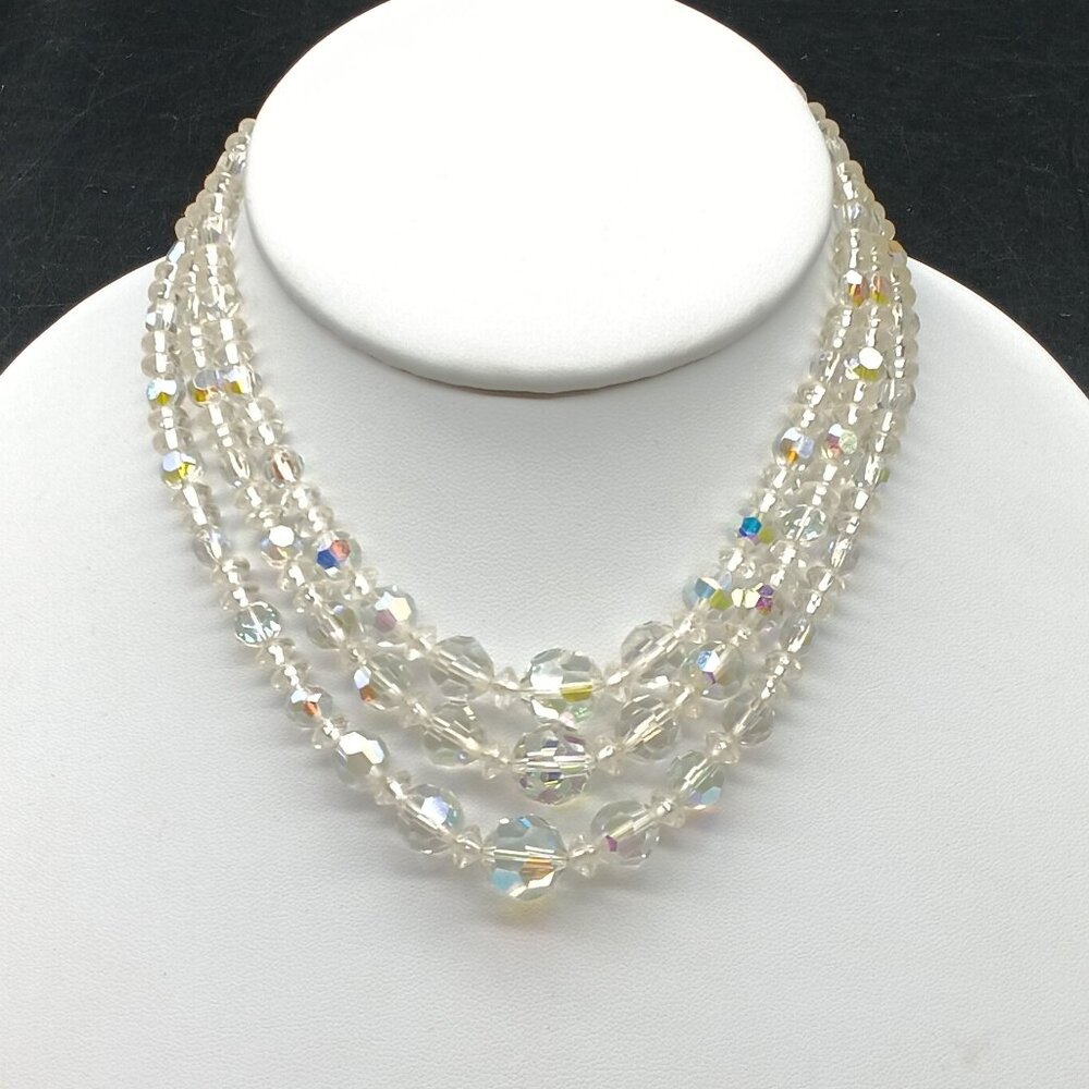Faceted AB Crystal Triple Strand Graduated Choker, Vintage Aurora Borealis Clear